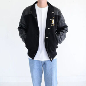 Vintage Union Pro Sportswear Black And Yellow Embroidered Leather & Wool Jacket